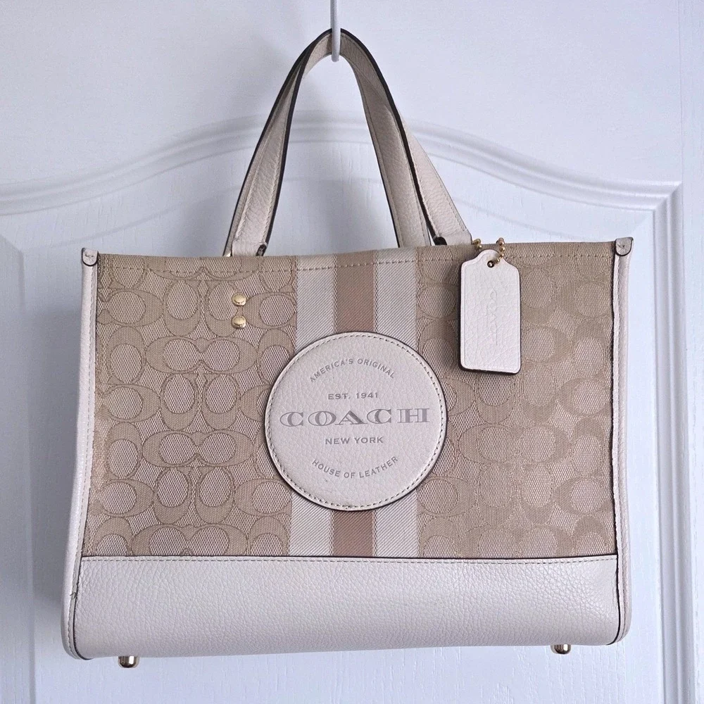 Coach Dempsey Tote 22 Signature Jacquard Varsity Stripe Khaki Cream